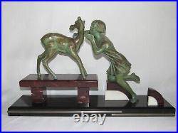02j9 Ancienne Statue Sculpture Art Déco Régule Patine Bronze Petite Fille Biche