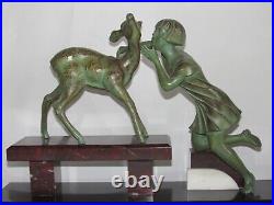 02j9 Ancienne Statue Sculpture Art Déco Régule Patine Bronze Petite Fille Biche