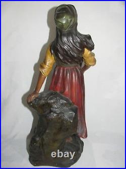 09e1 Ancienne Statue Pltre Polychrome Mignon Femme A La Mandoline Art Nouveau