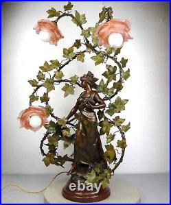1890/1910 C Ruchot Lampe Statue Sculpture Art Nouveau Deco Femme Fleur Eclairage