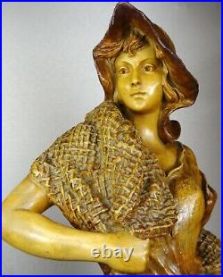 1900/1910 Pc Lenoir Gr Statue Sculpture Art Nouveau Deco Terre Cuite Femme Pêche