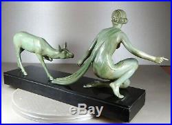 1920/1930 A. Ouline Rare Statue Sculpture Art Deco Diane Chasseresse Biche Femme