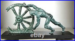 1920/1930 At. Max Le Verrier Grd Statue Sculpture Art Deco Athlete Homme Nu Roue
