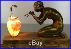 1920/1930 C Mirval Statue Sculpture Lampe Art Deco Bronze Dore Femme Nue Serpent