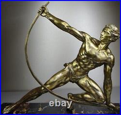 1920/1930 De Roncourt Statue Sculpture Ep Art Deco Bronze Dore Homme Nu Bandeur