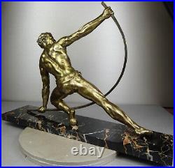 1920/1930 De Roncourt Statue Sculpture Ep Art Deco Bronze Dore Homme Nu Bandeur