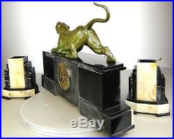 1920/1930 Dh. Chiparus Rare Pendule Garniture Statue Sculpture Art Deco Panthere