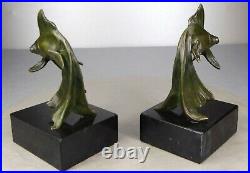 1920/1930 Gr. Garreau Serre-livres Statue Sculpture Ep. Art Deco Bronze Poissons