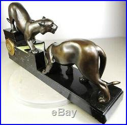 1920/1930 I. Rochard Rare Pendule Statue Sculpture Art Deco Panthere Noire Felin