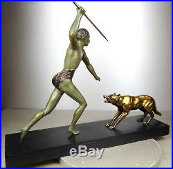1920/1930 J Brault Rare Grd Statue Sculpture Bronze Art Deco Chasse Loup Athlete
