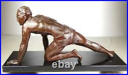 1920/1930 J De Roncourt Grnde Statue Sculpture Art Deco Homme Athlete Sportif Nu