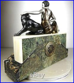 1920/1930 Limousin Pendule Sculpture Statue Art Deco Femme Panthere Noire Felin