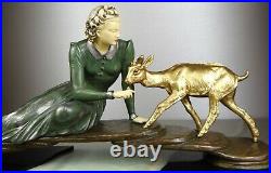 1920/1930 Menneville Grd Statue Sculpture Chryselephantine Art Deco Femme Chevre
