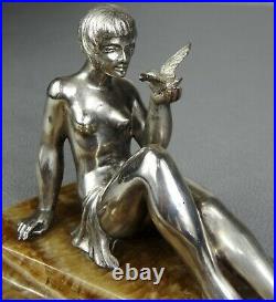 1920/1930 P. Le Faguays Rare Statue Sculpture Art Deco Bronze Argente Femme Nue