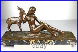 1920/1930 Rene Papa Spb Statue Sculpture Art Deco Bronze Diane Nue Femme Chamois