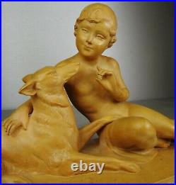 1920/1930 Ugo Cipriani Spb Statue Sculpture Ep Art Deco Terre Cuite Enfant Chien
