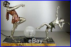 1920 E Carlier Rare Grde Lampe Statue Sculpture Art Deco Danseuse A Toge + Faune