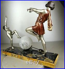 1920 E Carlier Rare Grde Lampe Statue Sculpture Art Deco Danseuse A Toge + Faune