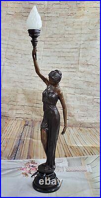 51` Grand Romain Fille Tenant Torche Lampe Fixation Bronze Sculpture Statue Art