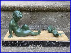 Affortunato Gory Sup. Sculpture Enfant & Oiseaux Statue Art Deco Facon Bronze