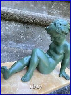 Affortunato Gory Sup. Sculpture Enfant & Oiseaux Statue Art Deco Facon Bronze