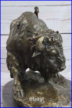 Américain Buffalo Bison Western Ouvre Bronze Marbre Statue Sculpture Art Affaire