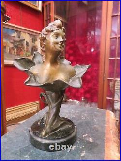 Ancien bronze statue sculpture epoque art nouveau henri godet buste femme fleur