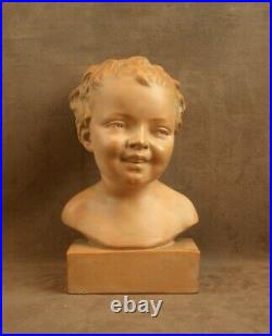 Ancienne Sculpture Terre Cuite Buste D'enfant Rieur Art Deco Signé