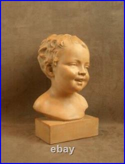 Ancienne Sculpture Terre Cuite Buste D'enfant Rieur Art Deco Signé