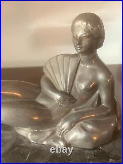 Ancienne statue sculpture femme lampe Art Déco 1930 argentée très lourde