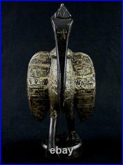 Art Africain Tribal Calao Oiseau Senoufo Bois & Plaques Métalliques 34 Cms