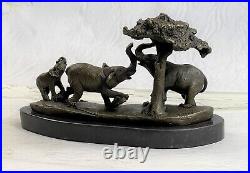 Art Déco Fonte Éléphant Famille Avec Arbre Bronze Sculpture Marbre Statue Cadeau