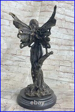 Art Déco Magique Fairy Avec Ailes Doré Bronze Sculpture Marbre Base Statue Gift