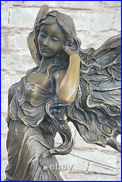 Art Déco Magique Fairy Avec Ailes Doré Bronze Sculpture Marbre Base Statue Gift
