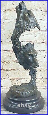 Art Déco Main Fabriqué Bronze Sculpture Deux Lonely Loups Loup Statue Solde
