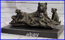 Art Déco Signée Original Williams Tigre Avec 4 Bébés Bronze Statue Sculpture Art