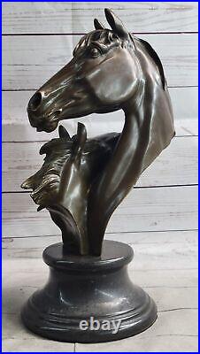 Beau Pure Bronze Monté Deux Chevaux Tête Cheval Statue Buste Sculpture Art