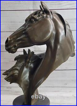 Beau Pure Bronze Monté Deux Chevaux Tête Cheval Statue Buste Sculpture Art