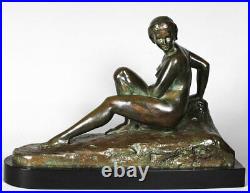 Bronze XIX, Marcel BOURAINE 1886/1948, Nue allongée vers 1920, Art Déco