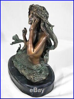 Bronze marble art statue mermaid sculpture marble base mythical statue sirène
