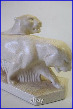 Craquelé céramique 2 lionnes en marche Art Déco vers 1925 1930 XX 20th