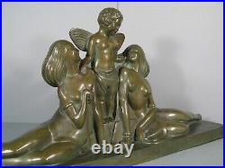 Cupidon Et Les Jeunes Femmes Sculpture Art Déco Bronze Ancien Signé Delabassé