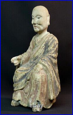 D art chine statue sculpture 18èm moine bois polychrome 32cm740g guanyin bouddha