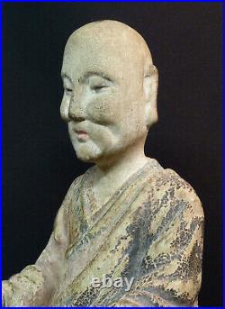 D art chine statue sculpture 18èm moine bois polychrome 32cm740g guanyin bouddha