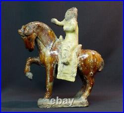 D art chine statue sculpture cavalier Tang Mingqi terre cuite glaçure 27cm1.5kg