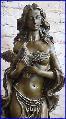 Dame Avec Oiseau Authentique Bronze Statue Métal Art Colombe Sur Marbre Sans