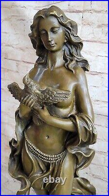 Dame Avec Oiseau Authentique Bronze Statue Métal Art Colombe Sur Marbre Sans