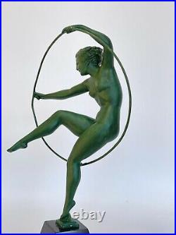 Danseuse Au Cerceau Art Deco Regule Patine Verte 1930 Socle Marbre Noir C2718