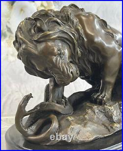 Élégant Classique Serpent Se Battre Lion Bronze Marbre Statue Sculpture Art
