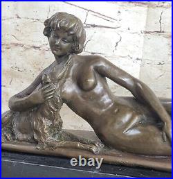 Fabuleux Bronze Statue Sculpture Nu Femme Dame Chien Figurine Art Déco Intérieur